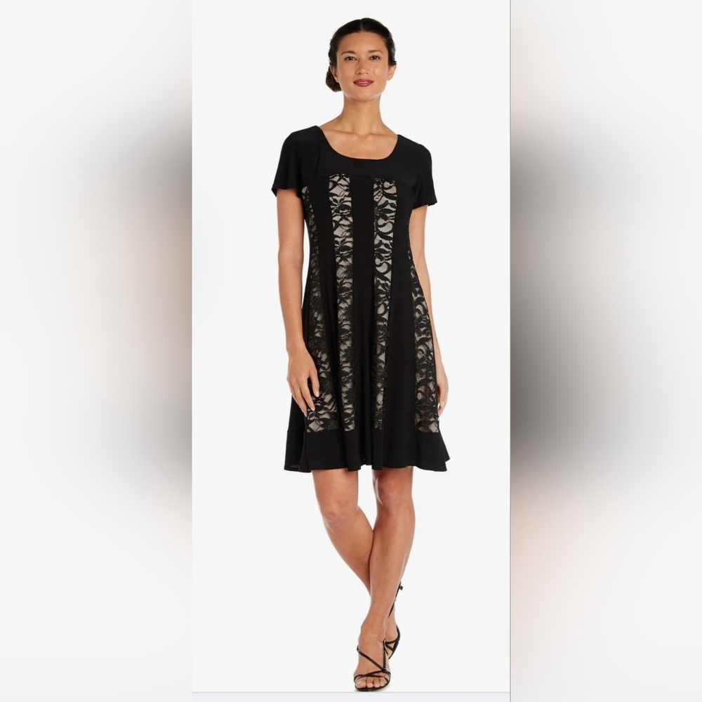 NWT R&M Richards Dress Floral Lace Strips  Sparkly w/ Beige Lining Black Size 8